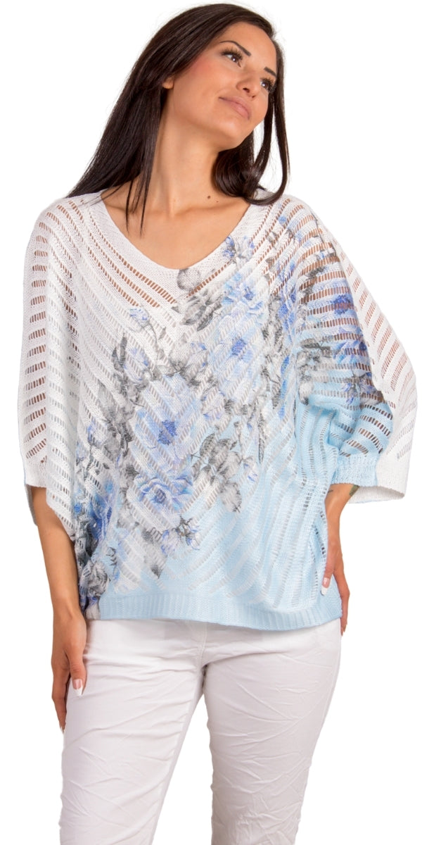 Fiore Blu Knit Top - Gigi Moda - Made in Italy # batwing, Comfortable fit, Cover Up, floral, floral design, Floral Print, Gigi Moda, Knit, knit blouse, knit sweater, made in italy, mesh, mesh sweater, short sleeve, Sweater, Womens Clothing, Womens Tops