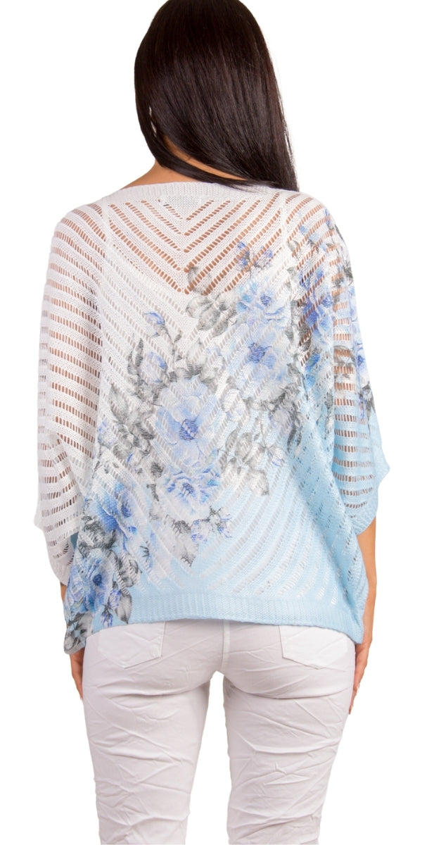 Fiore Blu Knit Top - Gigi Moda - Made in Italy # batwing, Comfortable fit, Cover Up, floral, floral design, Floral Print, Gigi Moda, Knit, knit blouse, knit sweater, made in italy, mesh, mesh sweater, short sleeve, Sweater, Womens Clothing, Womens Tops