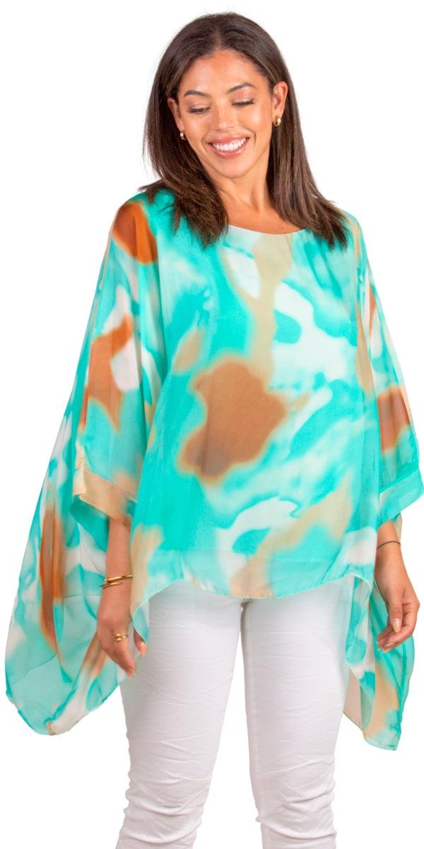 Seta Aura Print Kaftan - Gigi Moda - Made in Italy # 100% Silk, Blouse, gigi moda, italian silk blouse, Kaftan, Made in Italy, maxretail, OS, resort, resort wear, Silk, silk blouse
