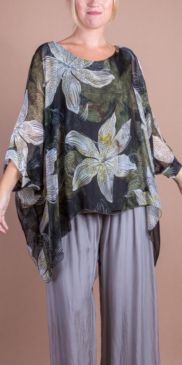 Seta Lily Print Kaftan - Gigi Moda - Made in Italy # 100% Silk, Blouse, Floral Print, gigi moda, italian silk blouse, Kaftan, Made in Italy, maxretail, OS, resort, resort wear, Silk, silk blouse
