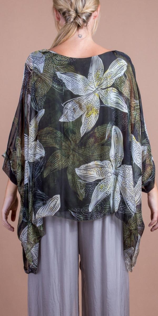 Seta Lily Print Kaftan - Gigi Moda - Made in Italy # 100% Silk, Blouse, Floral Print, gigi moda, italian silk blouse, Kaftan, Made in Italy, maxretail, OS, resort, resort wear, Silk, silk blouse