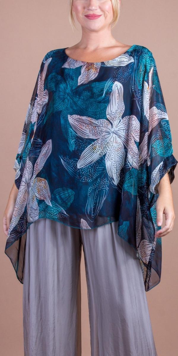 Seta Lily Print Kaftan - Gigi Moda - Made in Italy # 100% Silk, Blouse, Floral Print, gigi moda, italian silk blouse, Kaftan, Made in Italy, maxretail, OS, resort, resort wear, Silk, silk blouse