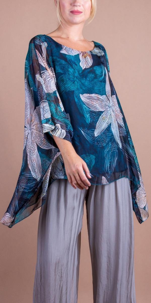 Seta Lily Print Kaftan - Gigi Moda - Made in Italy # 100% Silk, Blouse, Floral Print, gigi moda, italian silk blouse, Kaftan, Made in Italy, maxretail, OS, resort, resort wear, Silk, silk blouse