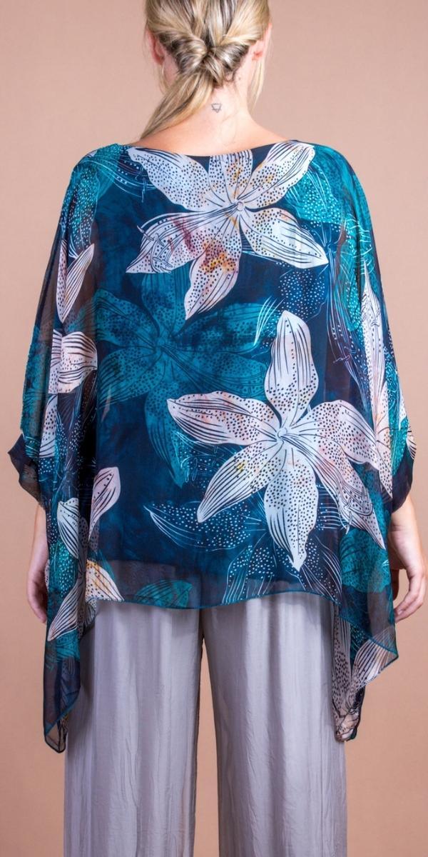 Seta Lily Print Kaftan - Gigi Moda - Made in Italy # 100% Silk, Blouse, Floral Print, gigi moda, italian silk blouse, Kaftan, Made in Italy, maxretail, OS, resort, resort wear, Silk, silk blouse