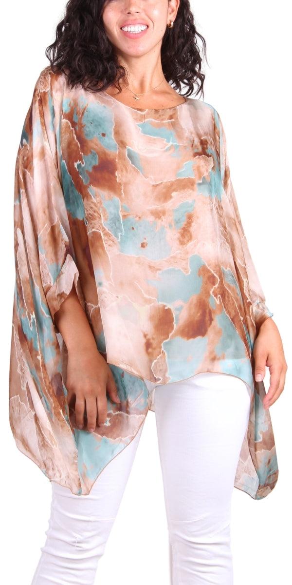 Seta Digital Marble Print Kaftan - Gigi Moda - Made in Italy # Blouse, gigi moda, italian silk blouse, Kaftan, Made in Italy, Marble, marbled print, OS, resort, resort wear, Silk, silk blouse