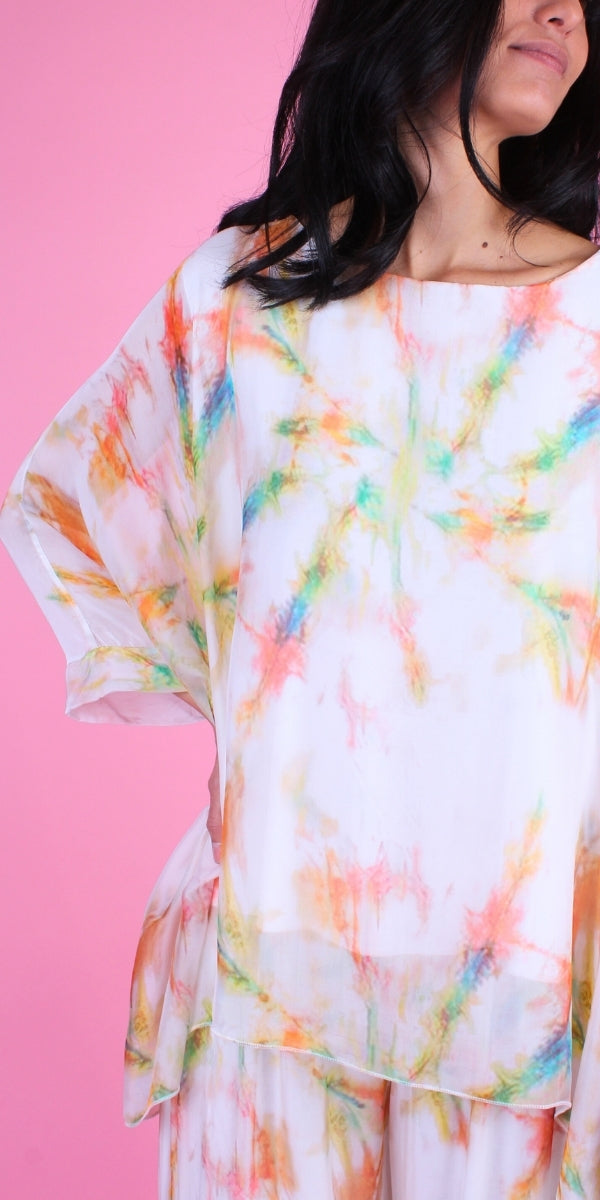 Seta Tinta Kaftan - Gigi Moda - Made in Italy # Abstract, abstract print, Blouse, gigi moda, italian silk blouse, Kaftan, Made in Italy, OS, resort, resort wear, Silk, silk blouse, Tie Dye