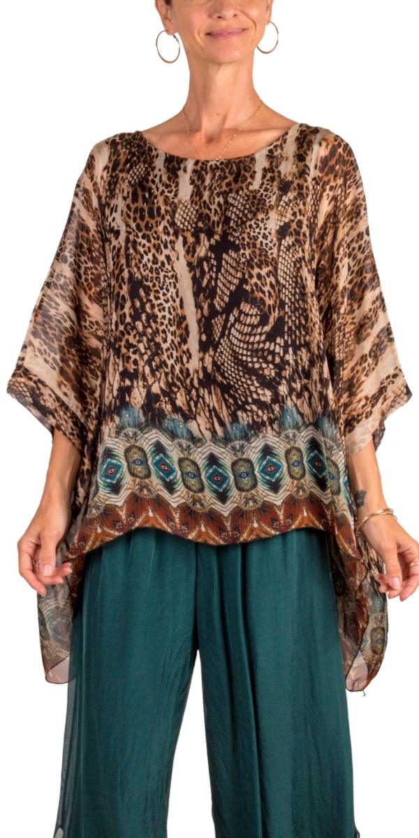 Seta Boho Print Kaftan - Gigi Moda - Made in Italy # 100% Silk, animal print, Blouse, bohemian, gigi moda, italian silk blouse, Kaftan, Made in Italy, maxretail, OS, resort, resort wear, Silk, silk blouse, Snake print