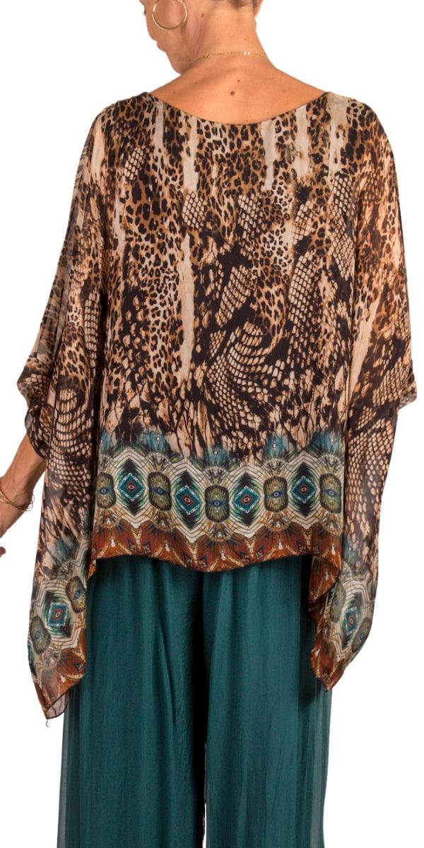 Seta Boho Print Kaftan - Gigi Moda - Made in Italy # 100% Silk, animal print, Blouse, bohemian, gigi moda, italian silk blouse, Kaftan, Made in Italy, maxretail, OS, resort, resort wear, Silk, silk blouse, Snake print