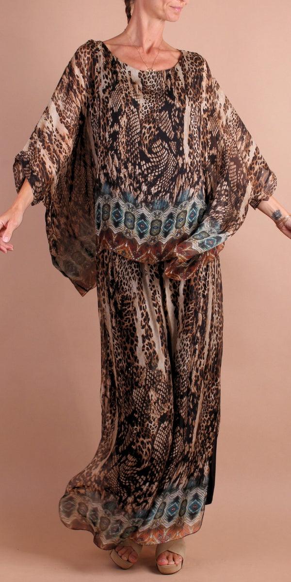 Seta Boho Print Kaftan - Gigi Moda - Made in Italy # 100% Silk, animal print, Blouse, bohemian, gigi moda, italian silk blouse, Kaftan, Made in Italy, maxretail, OS, resort, resort wear, Silk, silk blouse, Snake print