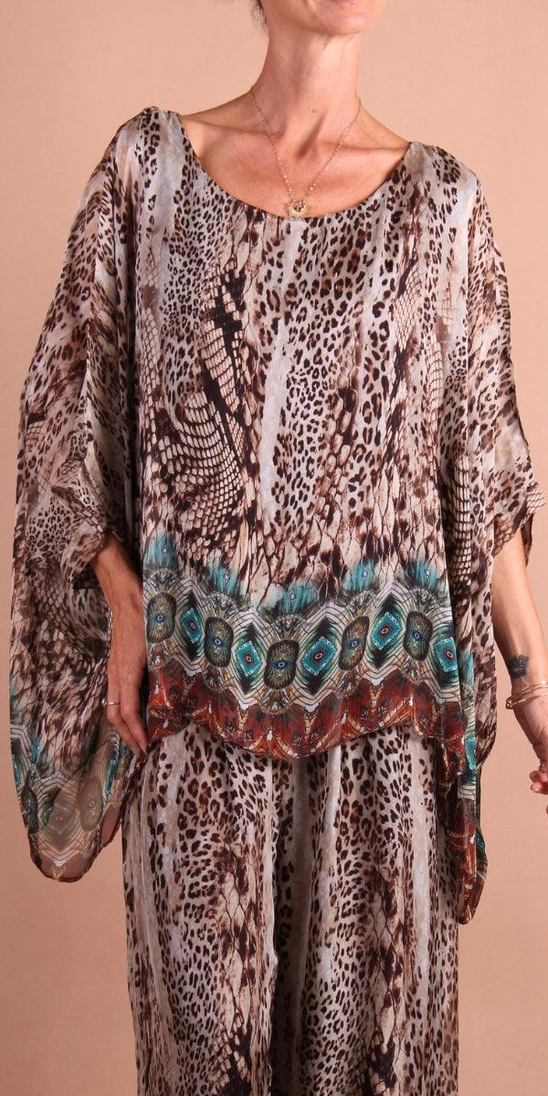 Seta Boho Print Kaftan - Gigi Moda - Made in Italy # 100% Silk, animal print, Blouse, bohemian, gigi moda, italian silk blouse, Kaftan, Made in Italy, maxretail, OS, resort, resort wear, Silk, silk blouse, Snake print