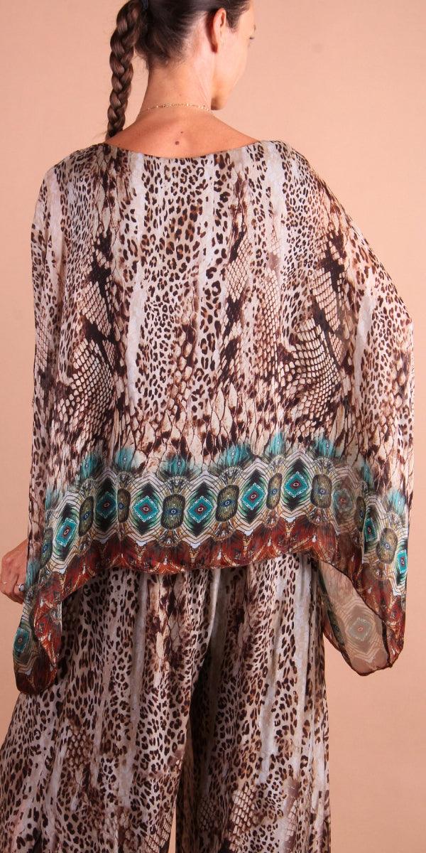 Seta Boho Print Kaftan - Gigi Moda - Made in Italy # 100% Silk, animal print, Blouse, bohemian, gigi moda, italian silk blouse, Kaftan, Made in Italy, maxretail, OS, resort, resort wear, Silk, silk blouse, Snake print