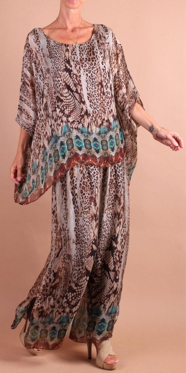 Seta Boho Print Kaftan - Gigi Moda - Made in Italy # 100% Silk, animal print, Blouse, bohemian, gigi moda, italian silk blouse, Kaftan, Made in Italy, maxretail, OS, resort, resort wear, Silk, silk blouse, Snake print
