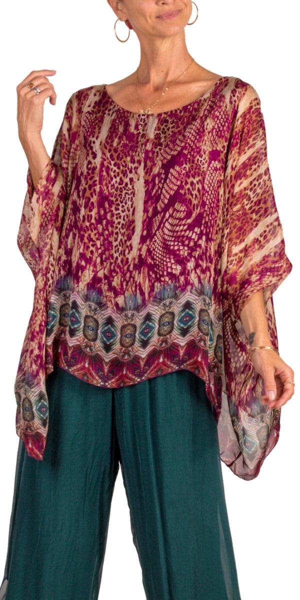 Seta Boho Print Kaftan - Gigi Moda - Made in Italy # 100% Silk, animal print, Blouse, bohemian, gigi moda, italian silk blouse, Kaftan, Made in Italy, maxretail, OS, resort, resort wear, Silk, silk blouse, Snake print