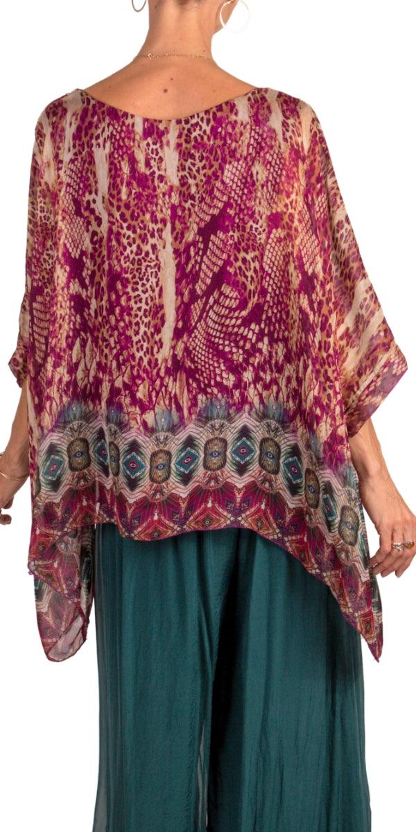 Seta Boho Print Kaftan - Gigi Moda - Made in Italy # 100% Silk, animal print, Blouse, bohemian, gigi moda, italian silk blouse, Kaftan, Made in Italy, maxretail, OS, resort, resort wear, Silk, silk blouse, Snake print