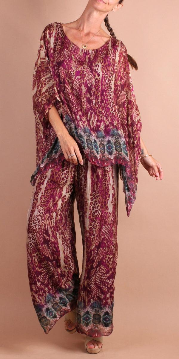 Seta Boho Print Kaftan - Gigi Moda - Made in Italy # 100% Silk, animal print, Blouse, bohemian, gigi moda, italian silk blouse, Kaftan, Made in Italy, maxretail, OS, resort, resort wear, Silk, silk blouse, Snake print