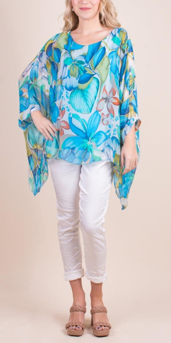 Seta Botanical Kaftan - Gigi Moda - Made in Italy # 100% Silk, Blouse, floral, floral design, floral pattern, Floral Print, gigi moda, italian silk blouse, Kaftan, Made in Italy, Multi Floral Print, OS, resort, resort wear, Silk, silk blouse