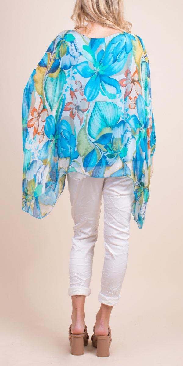 Seta Botanical Kaftan - Gigi Moda - Made in Italy # 100% Silk, Blouse, floral, floral design, floral pattern, Floral Print, gigi moda, italian silk blouse, Kaftan, Made in Italy, Multi Floral Print, OS, resort, resort wear, Silk, silk blouse