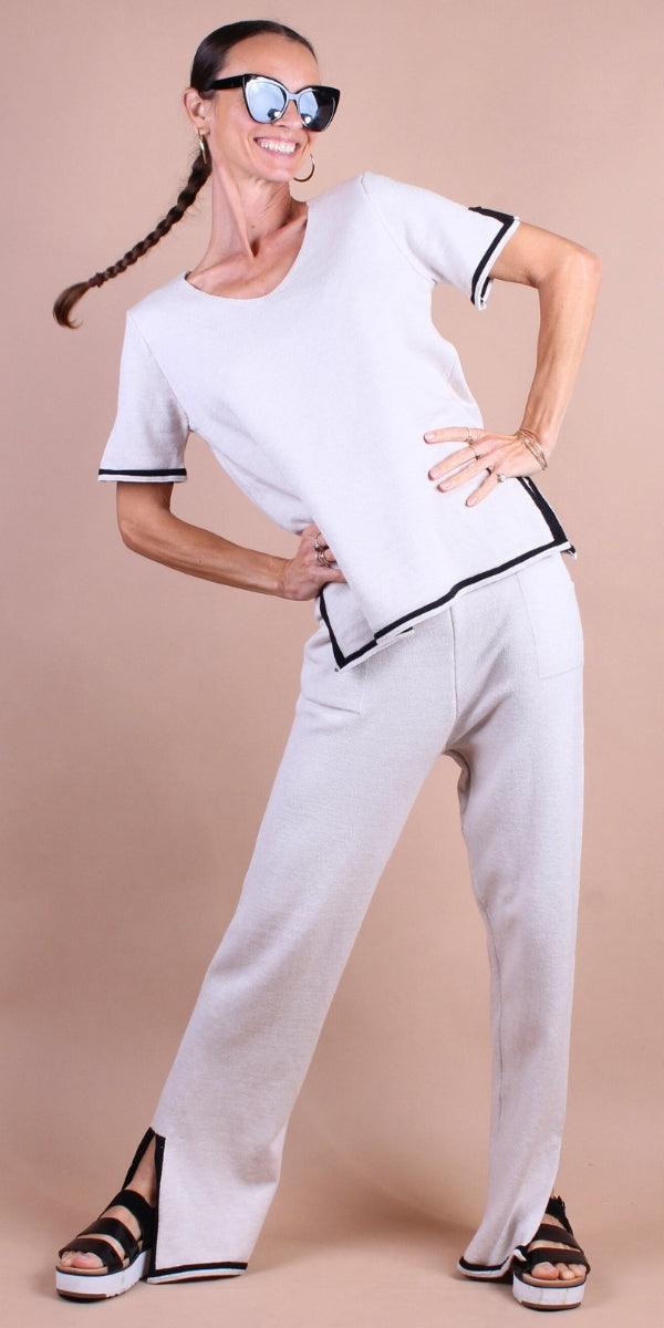 Agiato Two-Piece Set - Gigi Moda - Made in Italy # comfy set, Gigi Moda, loungewear, Made in Italy, matching set, one size, Pants, resort, resort wear, short sleeve, short sleeve top, side slit, Two Piece, WIDE LEG
