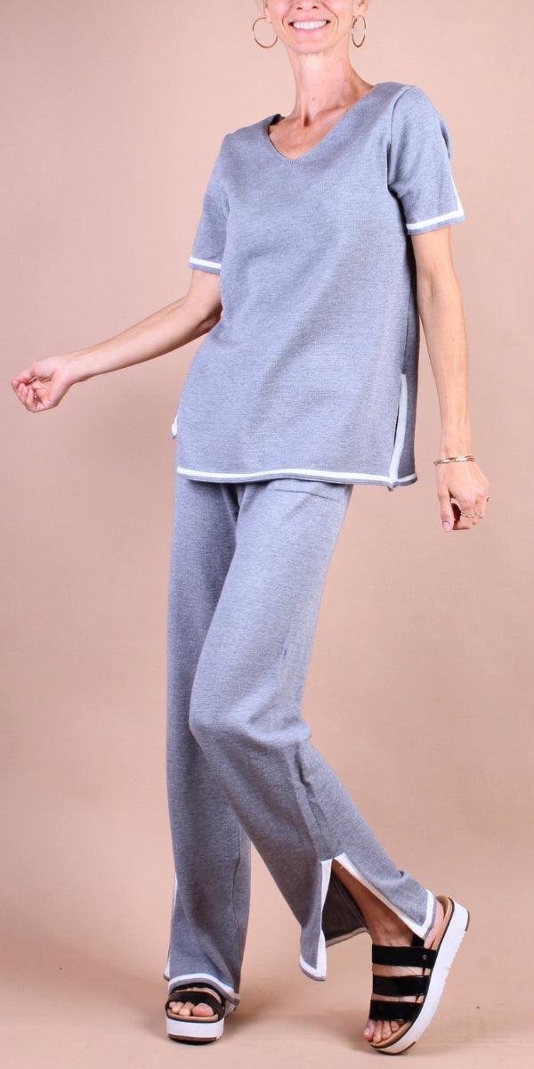 Agiato Two-Piece Set - Gigi Moda - Made in Italy # comfy set, Gigi Moda, loungewear, Made in Italy, matching set, one size, Pants, resort, resort wear, short sleeve, short sleeve top, side slit, Two Piece, WIDE LEG