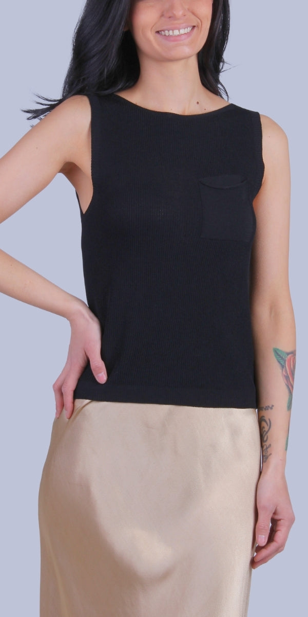 Eva Knit Top - Gigi Moda - Made in Italy # Buttons, front pocket, gigi moda, Knit, made in italy, one size, Sleeveless, tank