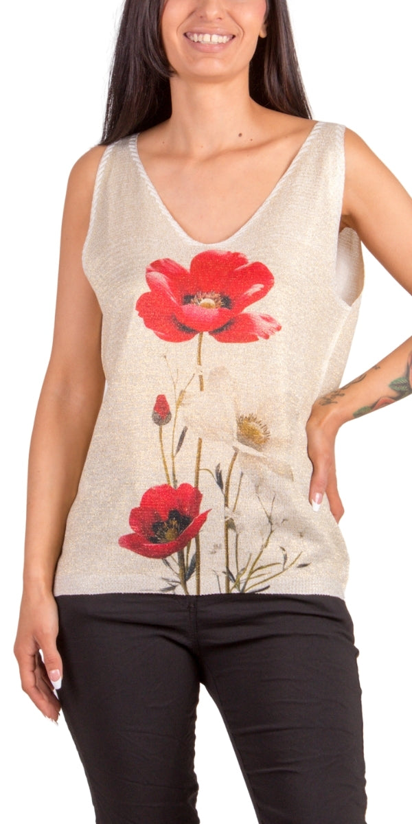 Papavero Knit Tank - Gigi Moda - Made in Italy # flower print, Gigi Moda, italian tank top, Knit, lurex, made in italy, poppy, shop gigi moda, Sleeveless, tank, V Neck, womans clothing