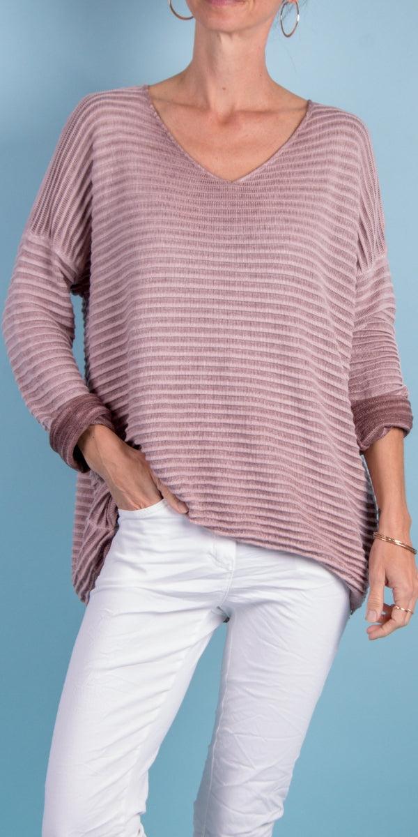 La Riga Sweater - Gigi Moda - Made in Italy # casual sweater, fall, Gigi Moda, italian apparel, Italian Sweater, italian top, Long Sleeve, Made in Italy, new, one size, ribbed, Ribbed Knit, shopgigimoda, stripes, Sweater, V Neck, womens clothing, womens fashion