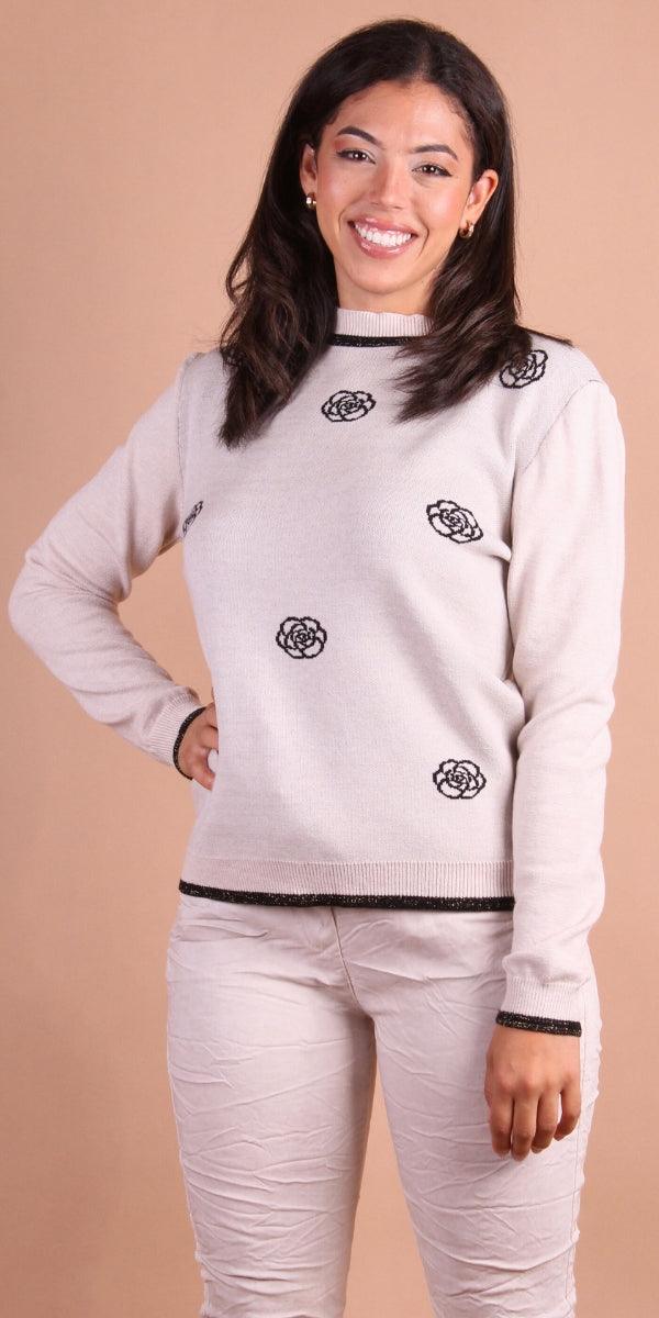 Rosa Long Sleeve Sweater - Gigi Moda - Made in Italy # crew neck, fall sweater, Gigi Moda, Knit, Long Sleeve, Made in Italy, maxretail, metallic hem, rose print, Sweater, sweater top
