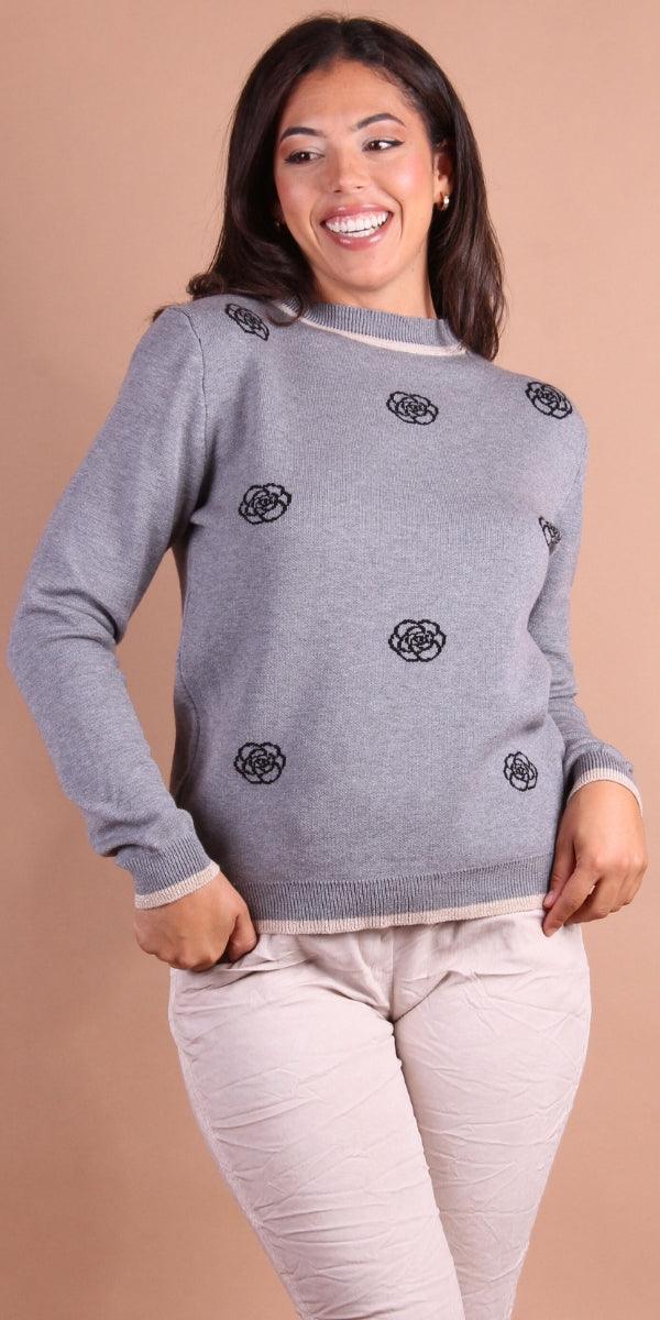 Rosa Long Sleeve Sweater - Gigi Moda - Made in Italy # crew neck, fall sweater, Gigi Moda, Knit, Long Sleeve, Made in Italy, maxretail, metallic hem, rose print, Sweater, sweater top