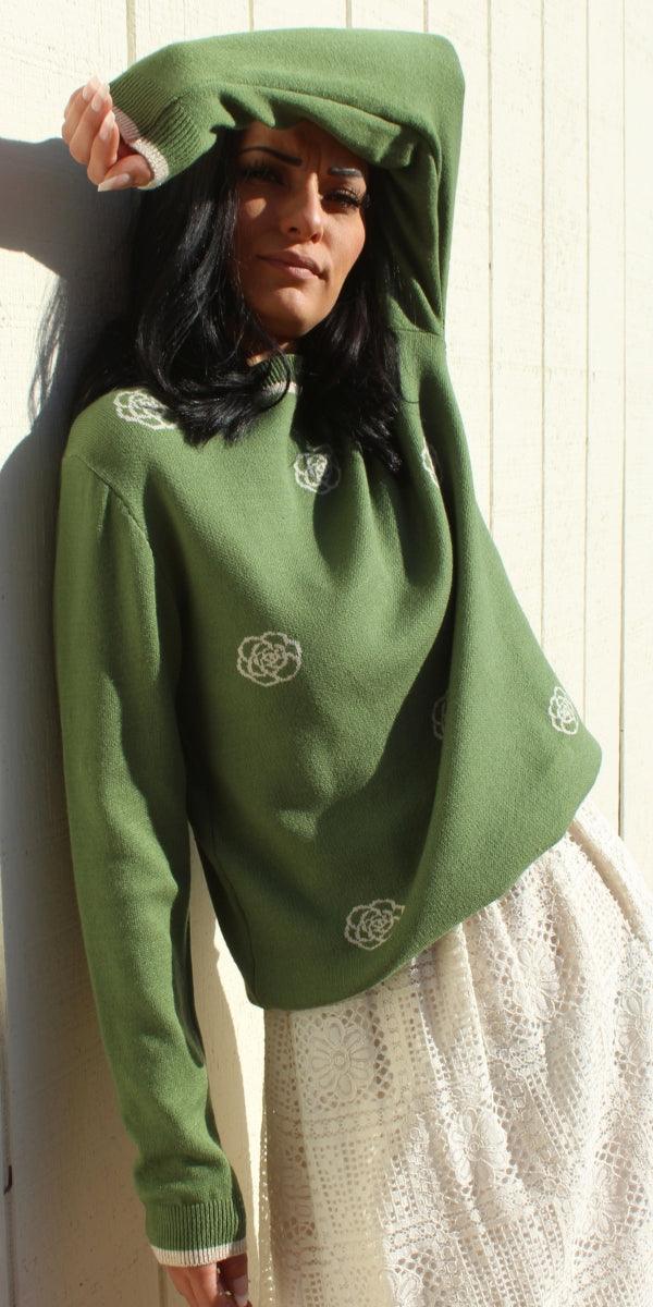 Rosa Long Sleeve Sweater - Gigi Moda - Made in Italy # crew neck, fall sweater, Gigi Moda, Knit, Long Sleeve, Made in Italy, maxretail, metallic hem, rose print, Sweater, sweater top