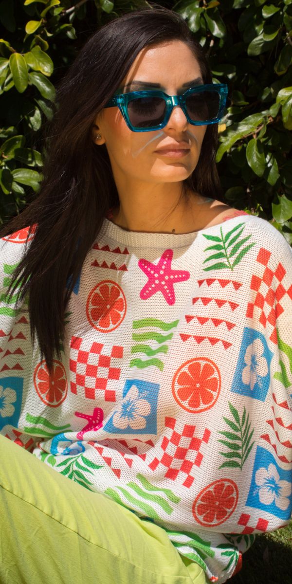 Costiera Batwing Sweater - Gigi Moda - Made in Italy # batwing, Comfortable fit, Cover Up, fun, Gigi Moda, Knit, knit blouse, knit sweater, made in italy, mesh, mesh sweater, patchwork, retro, Sweater, tropical, Womens Clothing, Womens Tops