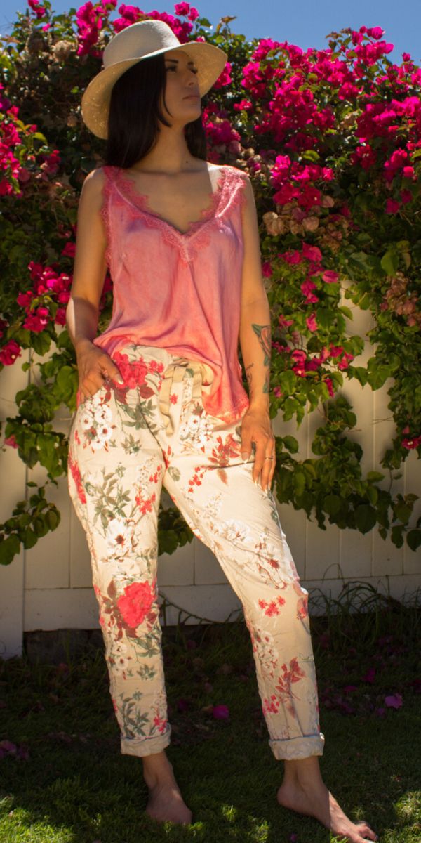 Meadow Tie-Waist Pants - Gigi Moda - Made in Italy # cropped pant, Cropped pants, elastic waist, elastic waistband, floral, floral design, floral pattern, Floral Print, Gigi Moda, Made in Italy, one size, OS, Pants, Pockets, Tie waist