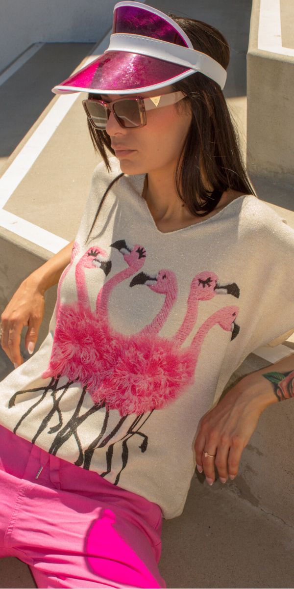 Flamingo Knit Top - Gigi Moda - Made in Italy # Cap Sleeve, comforatable fit, Flamingo, flower print, Gigi Moda, Knit, lurex, made in italy, shop gigi moda, V Neck, womans clothing