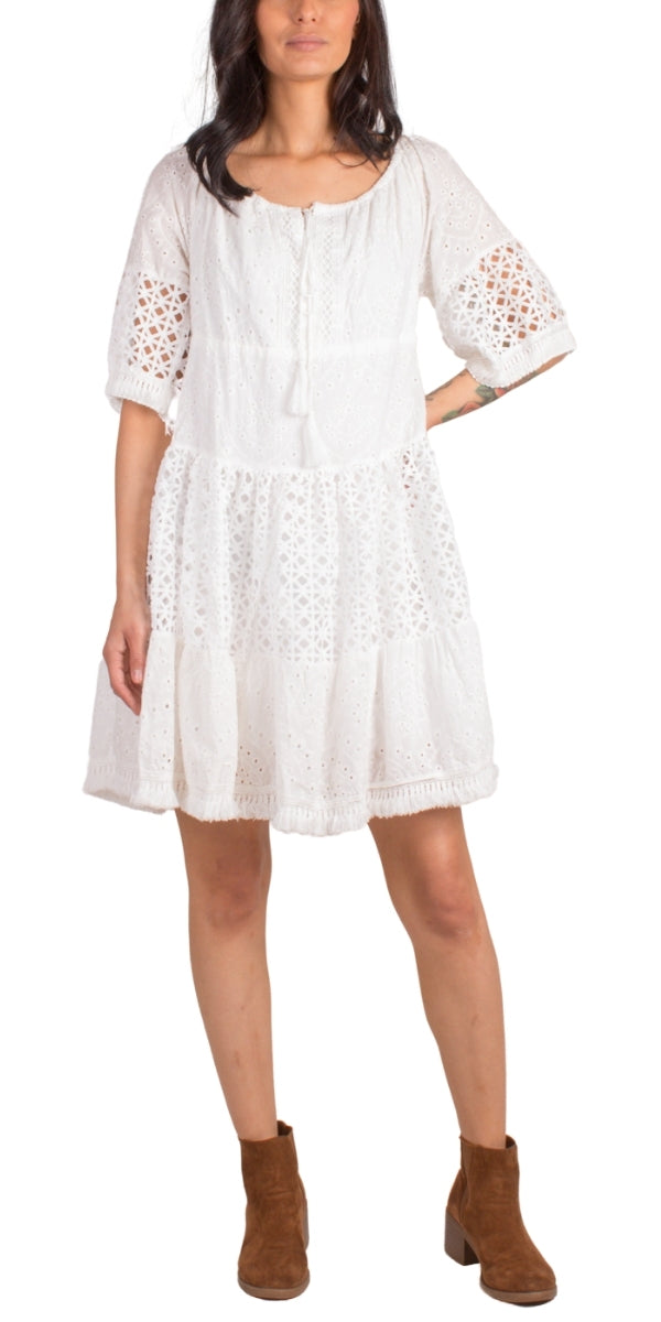 Essenza Mini Dress - Gigi Moda - Made in Italy # 100% Cotton, Crochet, crochet dress, Gigi Moda, made in italy, mini dress, Off the Shoulder, resort dress, resort wear, Tiered, TIERED RUFFLED DRESS
