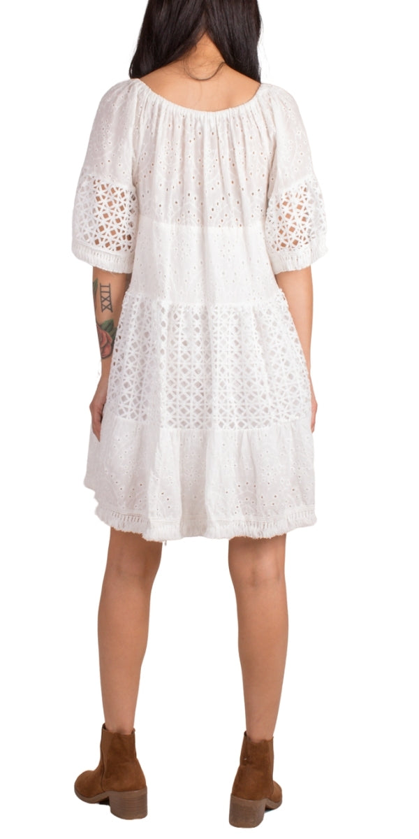 Essenza Mini Dress - Gigi Moda - Made in Italy # 100% Cotton, Crochet, crochet dress, Gigi Moda, made in italy, mini dress, Off the Shoulder, resort dress, resort wear, Tiered, TIERED RUFFLED DRESS