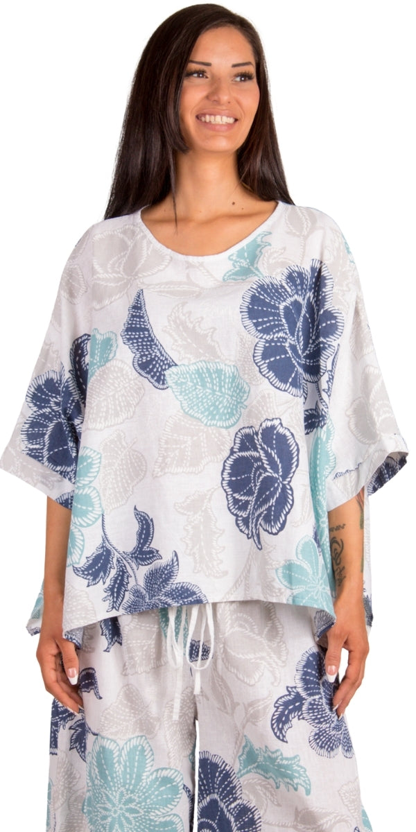 Lucy Batik Blouse - Gigi Moda - Made in Italy # batik, Blouse, floral, floral design, Floral Print, Gigi Moda, Kaftan, linen top, Made in Italy, OS, shirt, Top