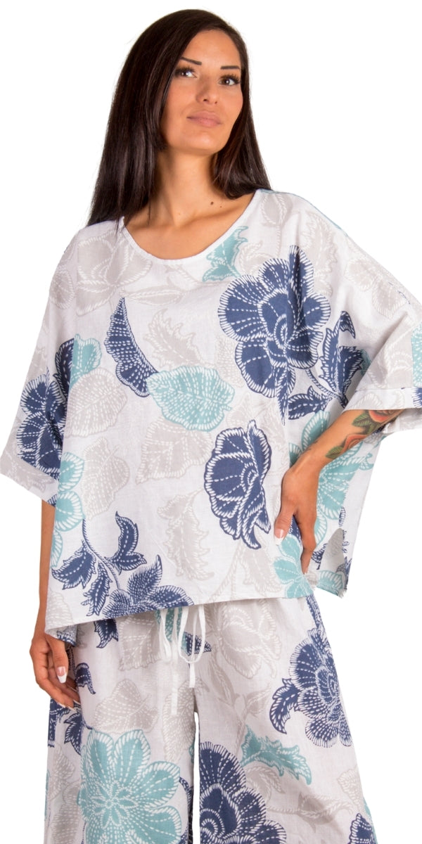 Lucy Batik Blouse - Gigi Moda - Made in Italy # batik, Blouse, floral, floral design, Floral Print, Gigi Moda, Kaftan, linen top, Made in Italy, OS, shirt, Top