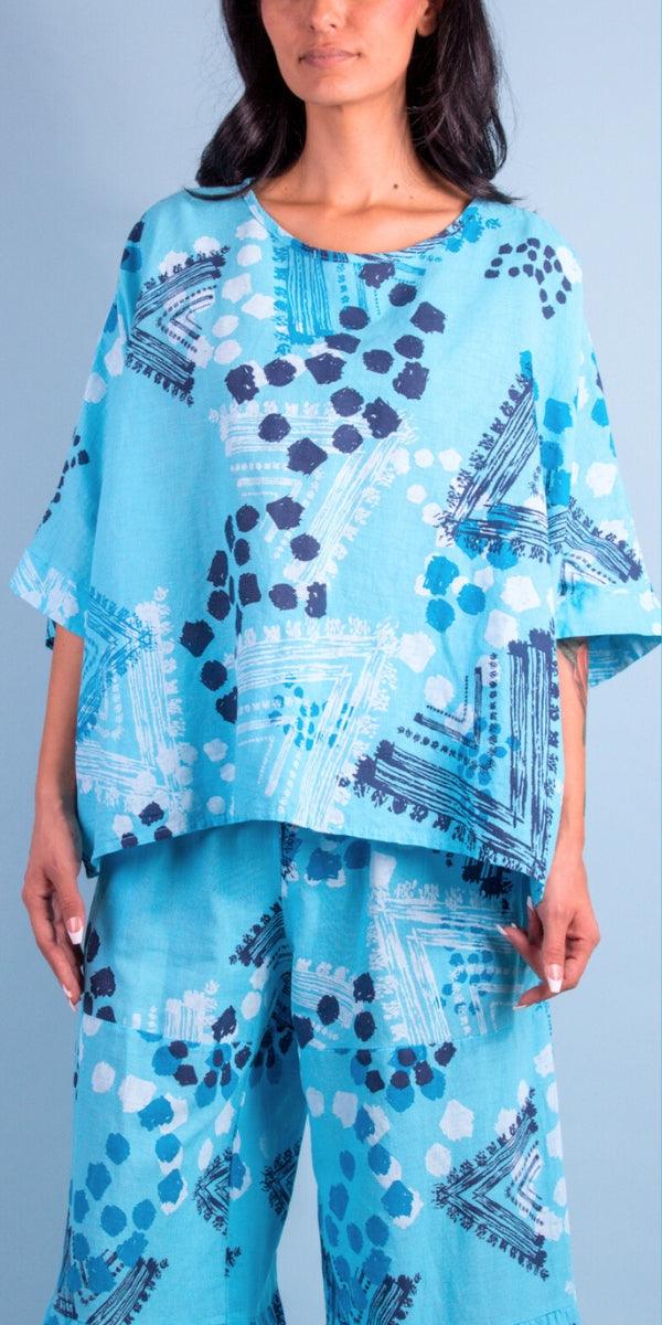 Lucy Tribale Blouse - Gigi Moda - Made in Italy # 100% Linen, Blouse, dot print, dots, Gigi Moda, Kaftan, Made in Italy, OS, shirt, Top, tribal print