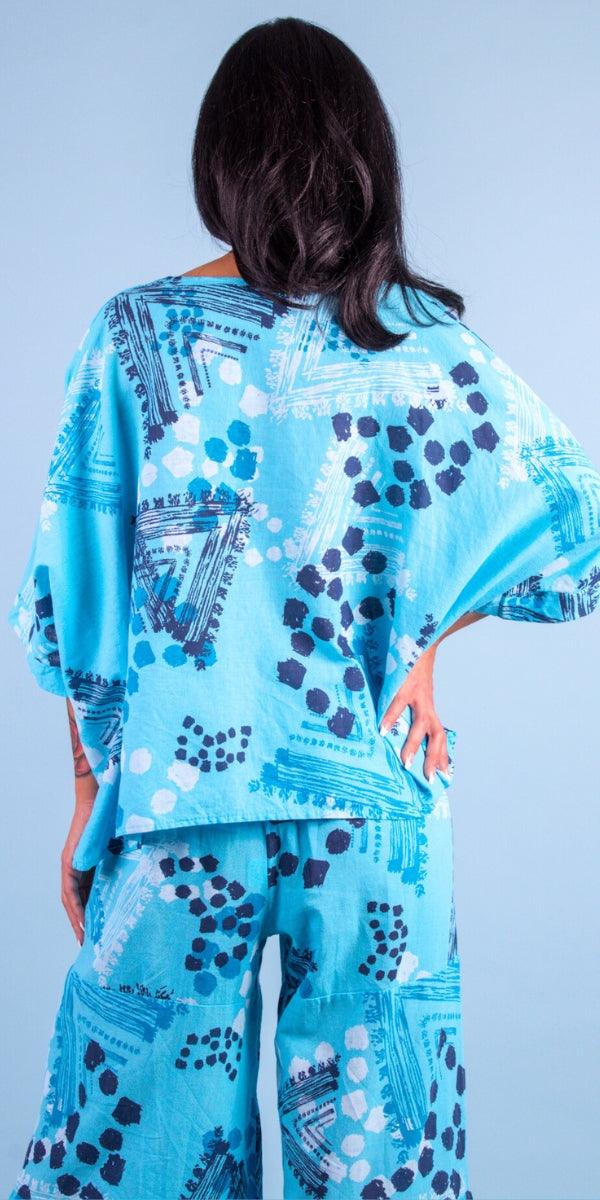 Lucy Tribale Blouse - Gigi Moda - Made in Italy # 100% Linen, Blouse, dot print, dots, Gigi Moda, Kaftan, Made in Italy, OS, shirt, Top, tribal print