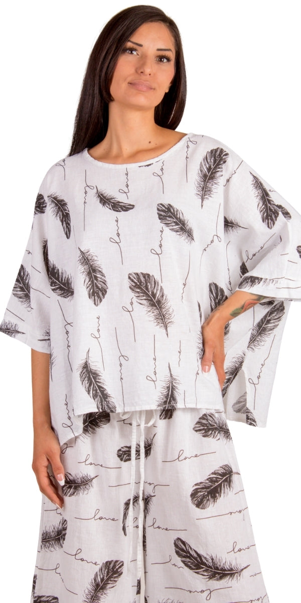 Lucy Piume Blouse - Gigi Moda - Made in Italy # Blouse, feather, Feathers, Gigi Moda, Kaftan, linen top, Made in Italy, manuscript print, OS, shirt, Top