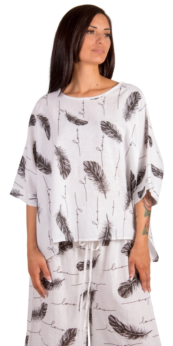 Lucy Piume Blouse - Gigi Moda - Made in Italy # Blouse, feather, Feathers, Gigi Moda, Kaftan, linen top, Made in Italy, manuscript print, OS, shirt, Top
