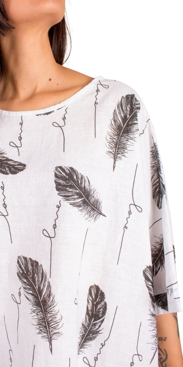 Lucy Piume Blouse - Gigi Moda - Made in Italy # Blouse, feather, Feathers, Gigi Moda, Kaftan, linen top, Made in Italy, manuscript print, OS, shirt, Top