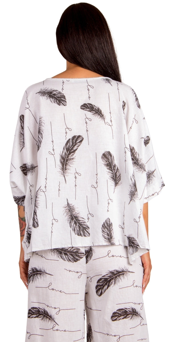 Lucy Piume Blouse - Gigi Moda - Made in Italy # Blouse, feather, Feathers, Gigi Moda, Kaftan, linen top, Made in Italy, manuscript print, OS, shirt, Top