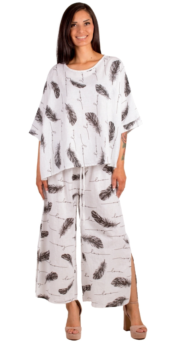 Lucy Piume Blouse - Gigi Moda - Made in Italy # Blouse, feather, Feathers, Gigi Moda, Kaftan, linen top, Made in Italy, manuscript print, OS, shirt, Top