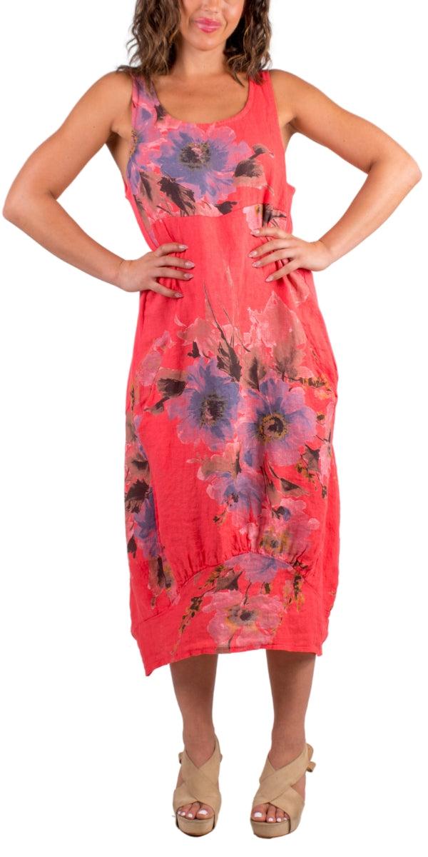 Luna Floral Print Dress - Gigi Moda - Made in Italy # 100% Linen, Dress, floral design, floral dress, Floral Print, Gigi Moda, Linen, Made in Italy, OS, Pockets, Sleeveless