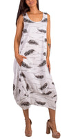 Luna Piume Dress - Gigi Moda - Made in Italy # Dress, feather, Feathers, Gigi Moda, Linen, Made in Italy, manuscript print, OS, Pockets, Sleeveless