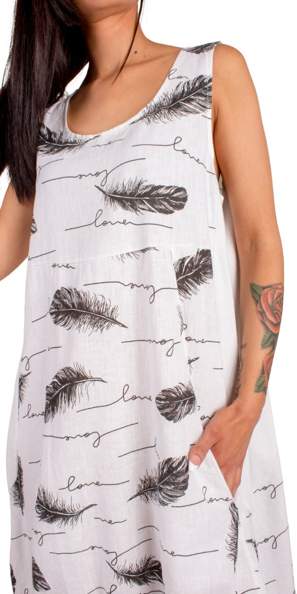 Luna Piume Dress - Gigi Moda - Made in Italy # Dress, feather, Feathers, Gigi Moda, Linen, Made in Italy, manuscript print, OS, Pockets, Sleeveless