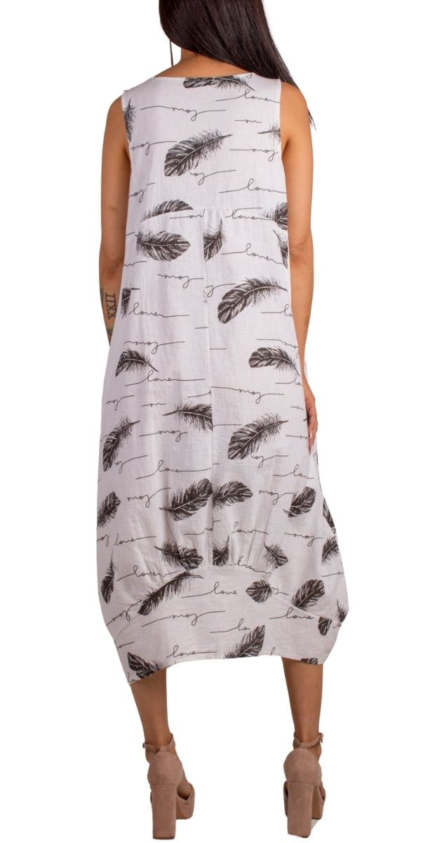 Luna Piume Dress - Gigi Moda - Made in Italy # Dress, feather, Feathers, Gigi Moda, Linen, Made in Italy, manuscript print, OS, Pockets, Sleeveless
