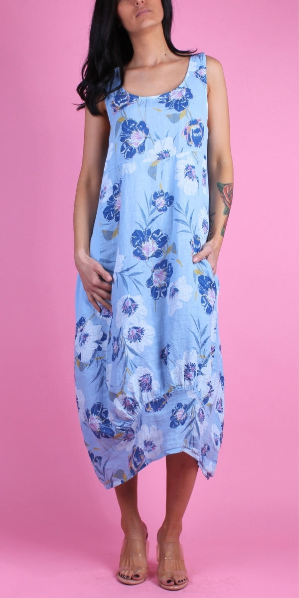 Luna Magnolia Print Dress - Gigi Moda - Made in Italy # 100% Linen, Dress, floral design, floral dress, Floral Print, Gigi Moda, Linen, Made in Italy, magnolia, OS, Pockets, Sleeveless