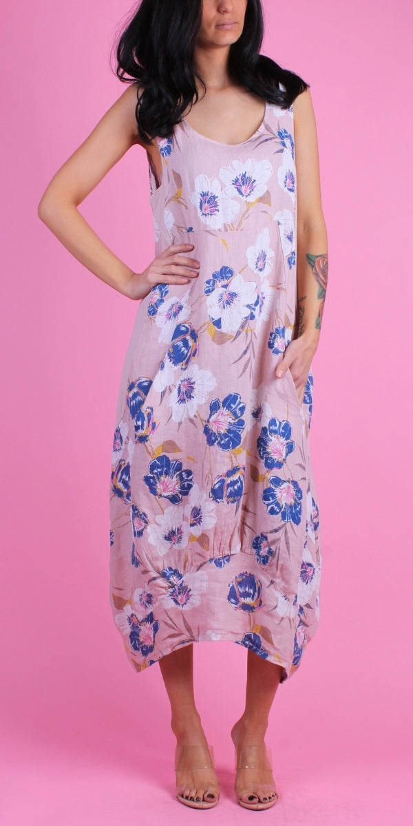 Luna Magnolia Print Dress - Gigi Moda - Made in Italy # 100% Linen, Dress, floral design, floral dress, Floral Print, Gigi Moda, Linen, Made in Italy, magnolia, OS, Pockets, Sleeveless