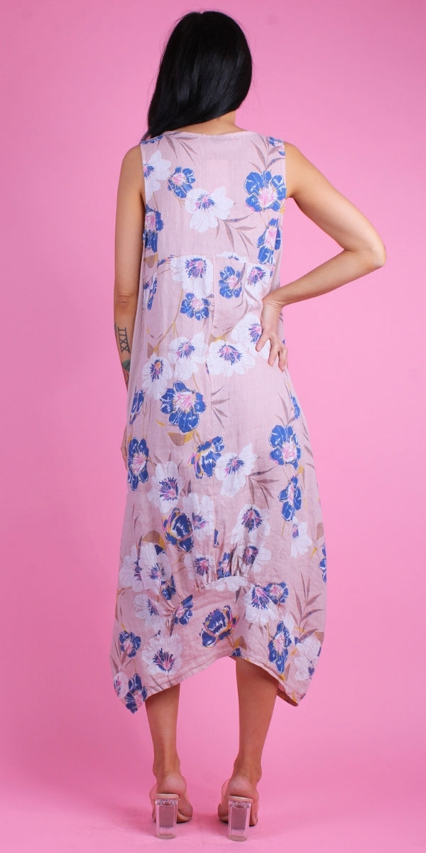 Luna Magnolia Print Dress - Gigi Moda - Made in Italy # 100% Linen, Dress, floral design, floral dress, Floral Print, Gigi Moda, Linen, Made in Italy, magnolia, OS, Pockets, Sleeveless